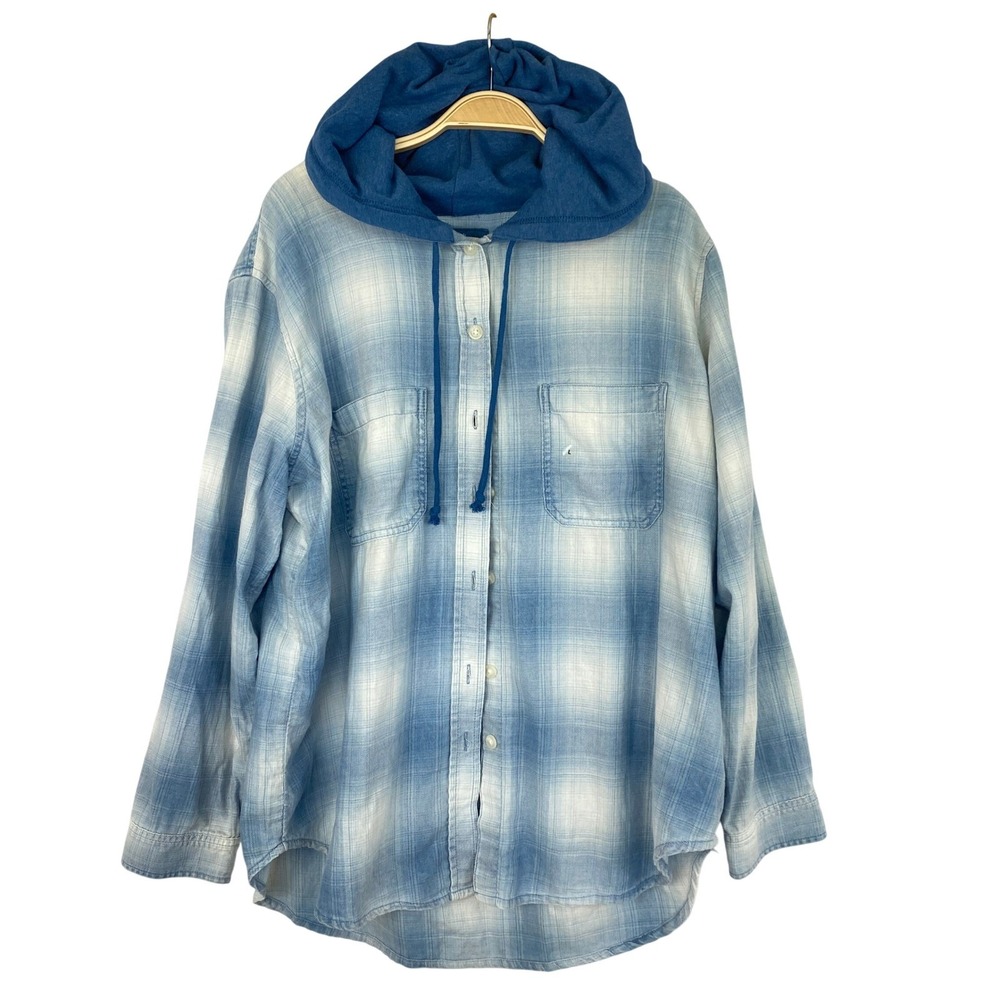 American Eagle Hooded Flannel‎ Shirt Men L Blue Plaid Coastal Indie NEW